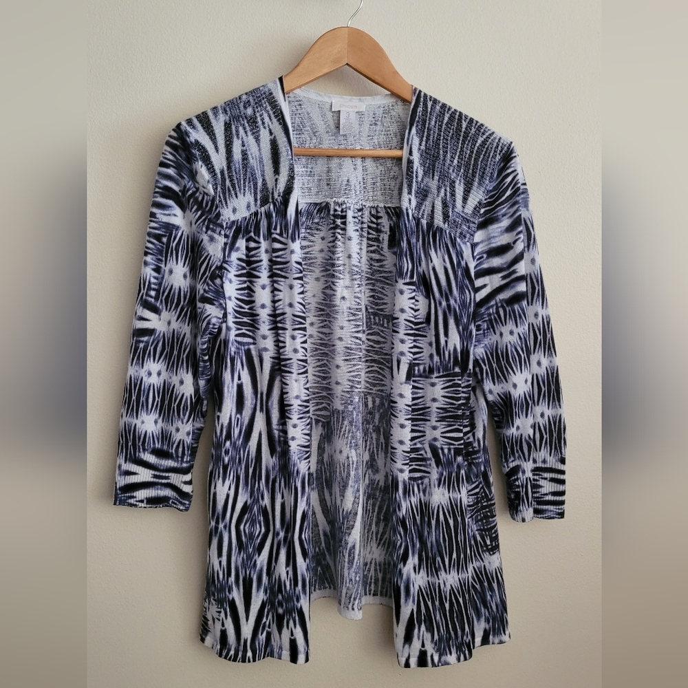 Chico's Ikat Linen & Metallic Blend Open Cardigan, Women's XL, Blue & White